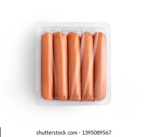 Sealable Transparent Plastic Tray Of Fresh Raw Sausages Isolated On White Top-view. Packaging Template Mockup Collection. With Clipping Path Included.