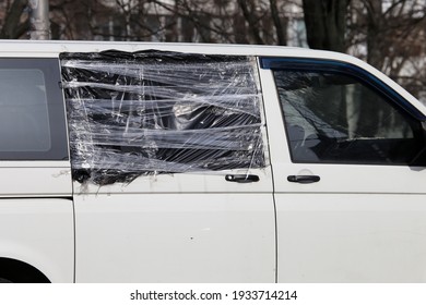 Sealed Broken Window In A White Car