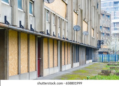 Sealed And Empty Council Flat Housing Block, Robin Hood Gardens, In East London