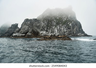 Seals Can Be Seen Resting on Rocky Shores Beneath the Enveloping Misty Mountains - Powered by Shutterstock