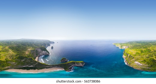 Seamless 360 degrees spherical aerial panorama of the coast of the island of Nusa Penida, Bali, Indonesia.