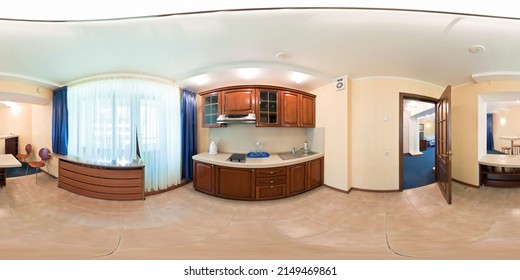 Seamless 360 Panorama In Interior Of Kitchen Of Cheap Hotel,  Flat Or Apartments With Chairs And Table In Equirectangular Projection With Zenith And Nadir. VR AR Content