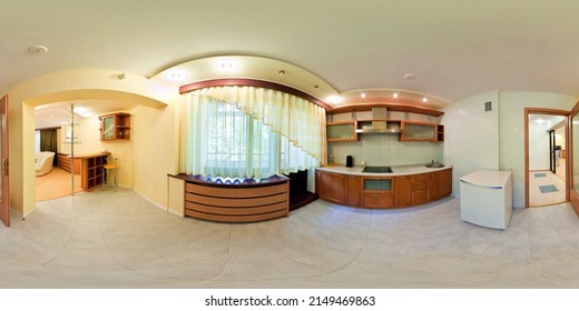 Seamless 360 Panorama In Interior Of Kitchen Of Cheap Hotel,  Flat Or Apartments With Chairs And Table In Equirectangular Projection With Zenith And Nadir. VR AR Content