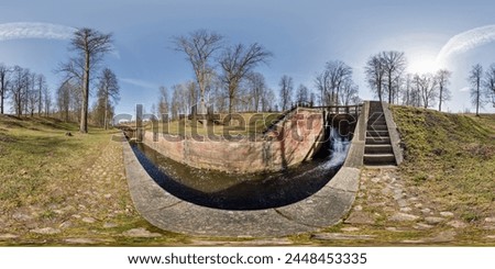 Seamless 3D panorama with a water channel, a dam on it