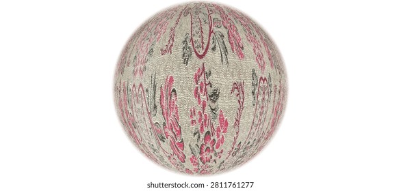 Seamless 3D Sphere Texture Mockup with Vintage Pink Floral and Paisley Pattern Elements Isolated on Clean White Background. 