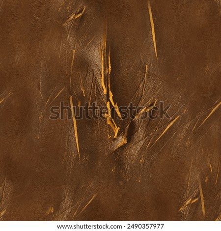Seamless 4k photo texture photo of brown colored cutted and damaged leather material with stains.