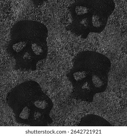 Seamless 4k photo texture material of dark gray colored suede leather with cutout black skull decorative insterts.
