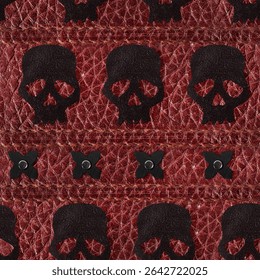 Seamless 4k photo texture material of red colored stitched leather surface with skull insterts and cross decorations.