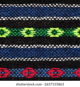 Seamless 4k photo texture of ornate ethnic colorful material with geometric pattern hard wool woven cloth, carpet texture.