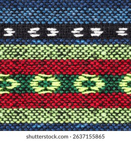 Seamless 4k photo texture of ornate ethnic colorful material with geometric pattern hard wool woven cloth, carpet texture.