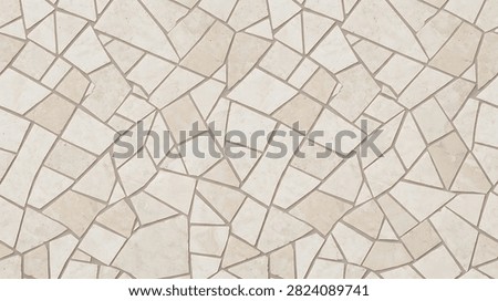Seamless abstract geometric pattern with irregular mosaic shapes in neutral beige and grey tones.