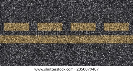 Seamless asphalt texture with dual yellow unbroken and interrupted lines at the center for lane division and controlled overtaking, grunge tarmac surface with double stripes, road maintenance concept