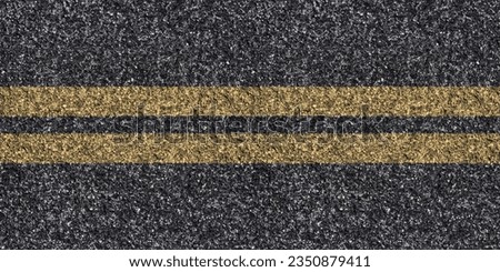 Seamless asphalt texture with unbroken double yellow line at the center indicating ongoing work, grunge tarmac surface with continuous double yellow stripe, road maintenance concept, top view