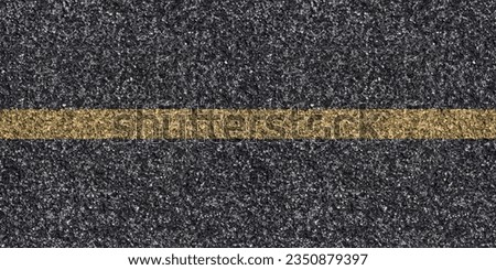 Seamless asphalt texture with unbroken yellow line at the center indicating ongoing work, grunge tarmac surface with continuous yellow stripe, road maintenance concept, top view