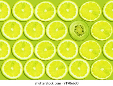 seamless background of fresh lemon slices and one kiwi slice.