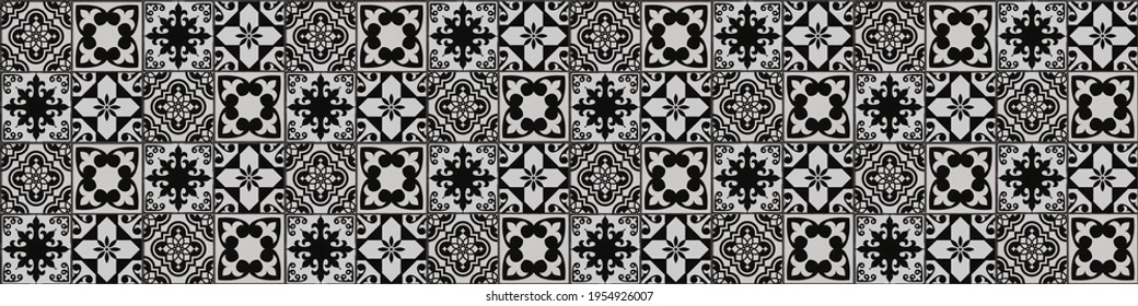 Seamless black white vintage retro geometric square mosaic flower leaf ornate motif cement tiles wall texture background banner panorama	 - Powered by Shutterstock