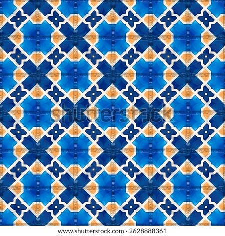 Seamless blue tile pattern with white star lattice geometry, inspired by traditional ceramic mosaic art and islamic design, perfect for wall backgrounds, textiles, digital repeat prints, wall art bg