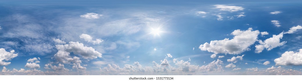 Seamless cloudy blue sky hdri panorama 360 degrees angle view with zenith and beautiful clouds for use in 3d graphics or game development as sky dome or edit drone shot