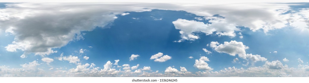 Seamless cloudy blue sky hdri panorama 360 degrees angle view with beautiful clouds  with zenith for use in 3d graphics or game as sky dome or edit drone shot