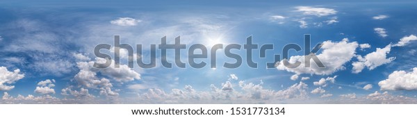 Seamless cloudy blue sky hdri
panorama 360 degrees angle view with zenith and beautiful clouds
for use in 3d graphics or game development as sky dome or edit
drone shot