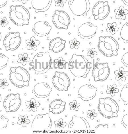 Seamless coloring pattern with whole lemons cut in half, flowers, different circles on white background. Pattern is suitable for children's coloring, T-shirt print design, notebook, album