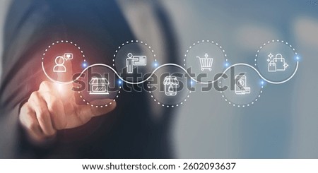Seamless customer experience concept. Touching screen for providing personalized support throughout the customer journey from product discovery to purchase and engagement, featuring digital icons.