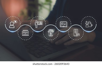 Seamless customer experience concept. Using laptop for providing personalized support throughout the customer journey from product discovery to purchase and engagement, featuring digital icons.