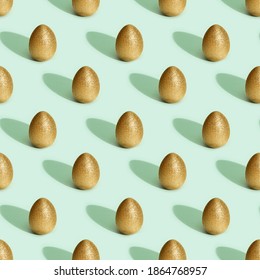 Seamless Easter Composition With Golden Eggs, Creative Pattern, Spring Holiday Print With Painted Chicken Eggs