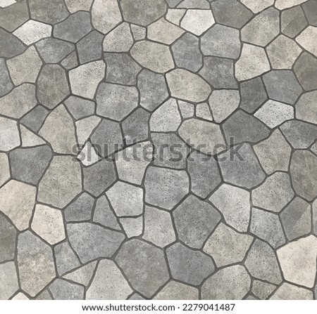 Seamless flagstone outdoor paving textures, cobblestone cut flat in random pieces, grey, light grey, beige, and charcoal color. Monochrome. Pavement surface texture. Landscape paving stone background