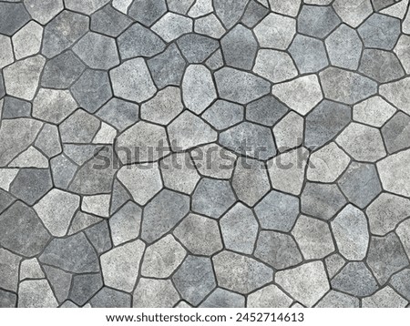 Seamless flagstone outdoor paving textures, or cobblestone cut flat in random pieces, grey, light grey, charcoal color. Monochrome stone slabs. Pavement and landscape paving stone background