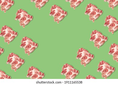 Seamless Food Pattern With Raw Pork Meat Slices On Green Background, Beef Steaks Frame.