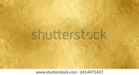 Seamless gold leaf background texture. Shiny golden yellow crumpled metallic foil repeat pattern. Modern abstract luxury gilded age wallpaper. Christmas glitter decoration backdrop. 3D rendering.
