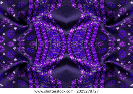 seamless kaleidoscope, silk fabric of dark blue color with blue and purple flowers, dense fabric, double-sided based on triacetate fibers.