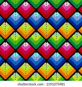 Seamless knitted pattern in the form gradient rhombuses is crocheted and multi  colored threads  Acrylic baby yarn  Colorful background 
