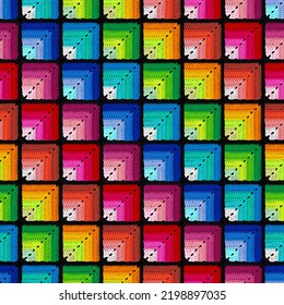 Seamless knitted pattern in the form gradient squares is crocheted and multi  colored threads  Acrylic baby yarn  Rainbow background  Large knitted fabric 