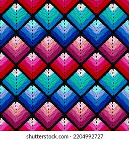 Seamless knitted pattern in the form gradient rhombuses is crocheted and multi  colored threads  Acrylic baby yarn  Colorful background 