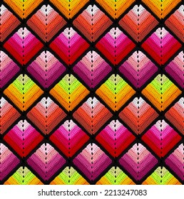 Seamless knitted pattern in the form gradient rhombuses is crocheted and multi  colored threads  Patchwork style  Analog color combinations 