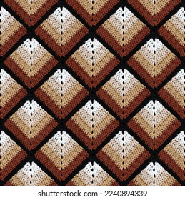 Seamless knitted pattern in the form gradient rhombuses is crocheted and multi  colored threads  Patchwork style  Monochrome color combination 