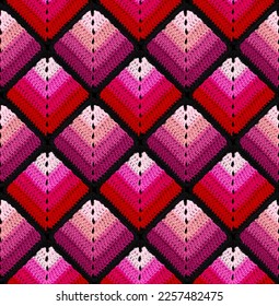 Seamless knitted pattern in the form gradient rhombuses is crocheted and multi  colored threads  Patchwork style  Monochrome color combination  Viva magenta prevails 