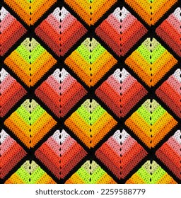Seamless knitted pattern in the form gradient rhombuses is crocheted and multi  colored threads  Patchwork style  Analog color combination 