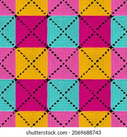Seamless knitted pattern in patchwork style. The geometric elements are crocheted from multi-colored acrylic yarn. Bright colors.