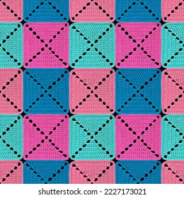 Seamless knitted pattern in patchwork style. The geometric elements are crocheted from multi-colored acrylic yarn. Harmonious blue-pink color scheme.