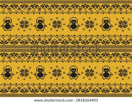 Seamless knitted texture featuring playful penguins and starbursts in a traditional folk craft style. Ideal for festive apparel holiday decor or seasonal packaging.