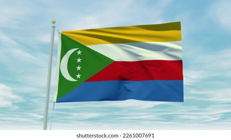 Seamless loop animation of the Comoros flag on a blue sky background. 3D Illustration. High quality 3d illustration