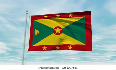 Seamless loop animation of the Grenada flag on a blue sky background. 3D Illustration. High quality 3d illustration