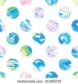 Seamless Marble Polka Dot Pattern. Abstract Watercolor Shapes In Rainbow.