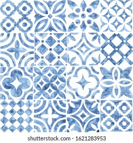 Seamless Moroccan Pattern. Square Vintage Tile. Blue And White Watercolor Ornament Painted With Paint On Paper. Handmade. Print For Textiles. Seth Grunge Texture.