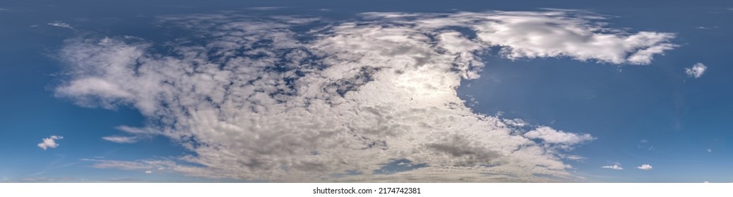 Seamless overcast blue sky hdri panorama 360 degrees angle view with zenith and beautiful clouds for use in 3d graphics as sky replacement and sky dome or edit drone shot	 - Shutterstock ID 2174742381