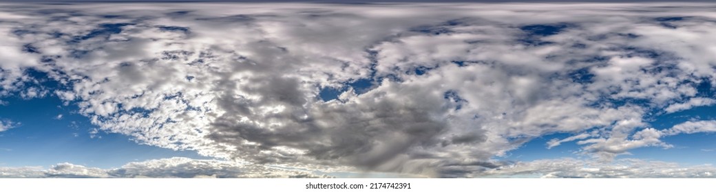Seamless overcast blue sky hdri panorama 360 degrees angle view with zenith and beautiful clouds for use in 3d graphics as sky replacement and sky dome or edit drone shot	 - Shutterstock ID 2174742391