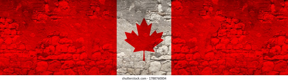 seamless panorama of the national flag of the state of Canada on an old stone wall with cracks, the concept of tourism, emigration, economy, politics, global world trade